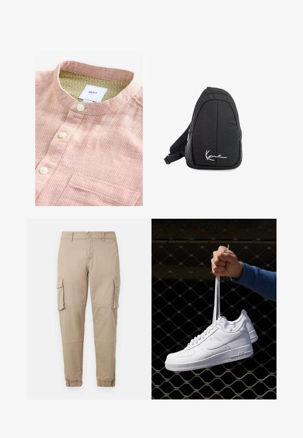 Kortärmad skjorta i persikofärgad textil med ett vitt mönster, har en bårdkrage, knappar framtill och en bröstficka. Inuti finns en mönstrad foder.; Beiga cargobyxor i ett lätt bomullsmaterial. Har elastiska mudd, flera sidofickor och en knappstängning.; Vita lädersneakers med perforeringar, rund tå, platt sula och tjocka snörning, med en synlig swoosh-logga och "AIR" på hälen.; Svart tyg sling ryggsäck med en mjuk textur, med en rundad design, en dragkedjefack och en vit logotyp på framsidan.