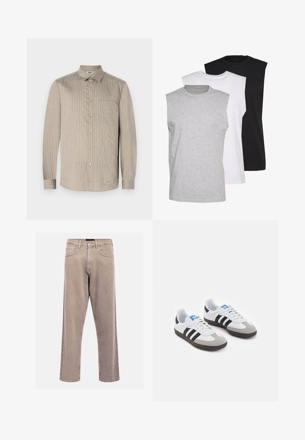 Jasno beżowa koszula z długim rękawem, z pionowymi paskami, kołnierzem i kieszonką na piersi. Wykonana z teksturowanej tkaniny o miękkim wykończeniu.; Trzy bezrękawniki w kolorach szarym, białym i czarnym. Wykonane z miękkiej bawełny, z okrągłym dekoltem i luźnym krojem. Prosty design, bez wzorów.; Beżowe dżinsy o prostym kroju, wykonane z denimu, z klasycznym pięciopocketowym wzorem, przeszyciami oraz wykończeniem dolnej krawędzi.; Buty sportowe z białą skórzaną cholewką, szarym zamszowym noskiem i trzema czarnymi paskami. Posiadają niebieskie logo na języku oraz teksturowaną gumową podeszwę.