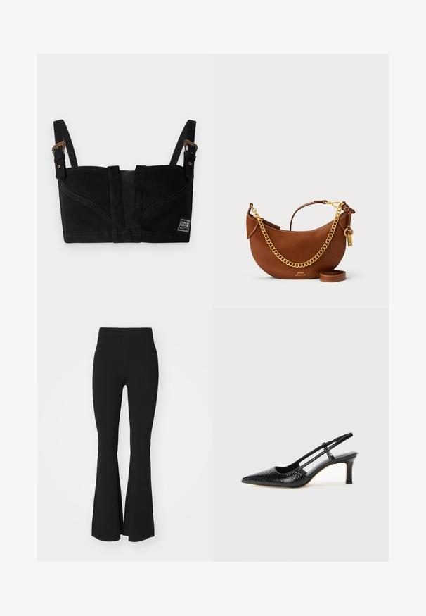 Bralet din material negru, cu un design structurat, având bretele ajustabile cu detalii din metal auriu și un sistem de închidere central. Etichetă atașată.; Pantaloni negri evazați, confecționați dintr-un material elastic, având talie înaltă și o suprafață netedă, fără embellishments. Design simplu și ajustat.; Pantofi cu toc slingback negri din patent, cu vârf ascuțit, cu imprimeu de șarpe texturat, curea ajustabilă și toc scurt texturat.; Geantă de piele maro cu un design curbat, curea cu lanț auriu, buzunar interior și curea de umăr detașabilă. Dispune de cusături contrastante.