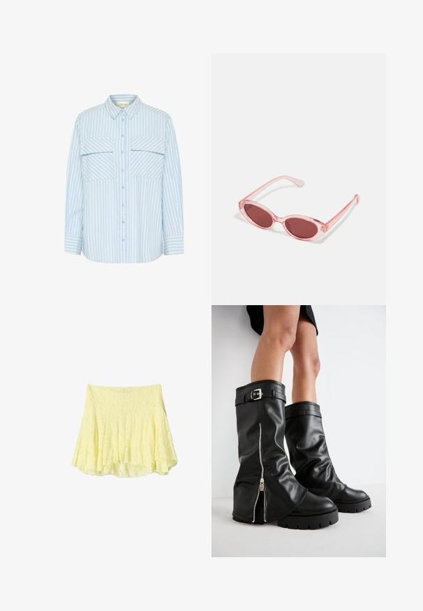 Cămașă cu dungi albastre deschise și albe, cu butoniere, două buzunare pe piept, guler și mâneci lungi cu detalii la manșete. Textură netedă a materialului.; Fustă galbenă, evazată, realizată dintr-un material texturat, având un design în straturi cu un tiv ușor inegal. Aspect ușor și aerisit.; Bocanci din piele negri, până la genunchi, cu un ștaif larg, având un fermoar pe lateral și accent cu cataramă, finisaj texturat și talpă din cauciuc masiv.; Ochelari de soare roz transparenți cu lentile ovale, nuanță roșie închisă și brațe subțiri, având un finisaj neted și detalii subtile pe cadru.
