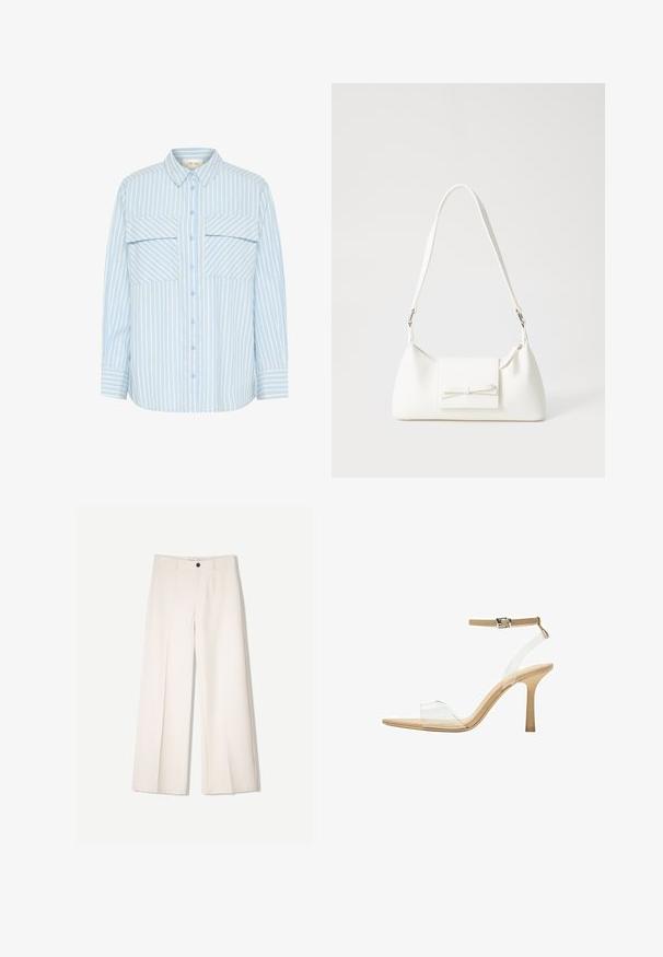 Himmelblau und weiß gestreiftes Button-Up-Hemd mit zwei Brusttaschen, Kragen und langen Ärmeln mit Manschetten details. Glatte Stoffoberfläche.; Cremfarbene weitem Hosen mit maßgeschneidertem Design, ausgestattet mit zwei vorderen Taschen und einem vorderen Knopfverschluss, aus glattem Stoff gefertigt.; Durchsichtige Sandale mit transparentem Obermaterial, beigem Fußbett und einem schlanken Knöchelriemen. Sie hat eine spitz zulaufende Zehenpartie und einen dünnen, hohen Absatz.; Weiße synthetische Handtasche in dreieckiger Form, flache Vorderklappe und Schleifendetail, verstellbarer Trageriemen, glatte Textur und minimalistisches Design.