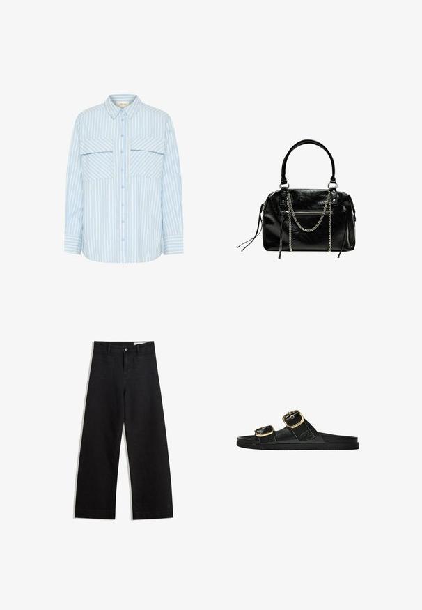 Lys blå og hvid stribet skjorte med knaplukning, to brystlommer, krave og lange ærmer med manchet-detaljer. Glat stofstruktur.; Sorte wide-leg denim bukser med høj talje, der har front- og baglommer, syede sømme og en knaplukning. Glat tekstur.; Sort skridsandal med to guldspænder, glat tekstureret materiale, flad sål og et minimalistisk design.; Bershka WITH CHAIN - Håndtasker - black