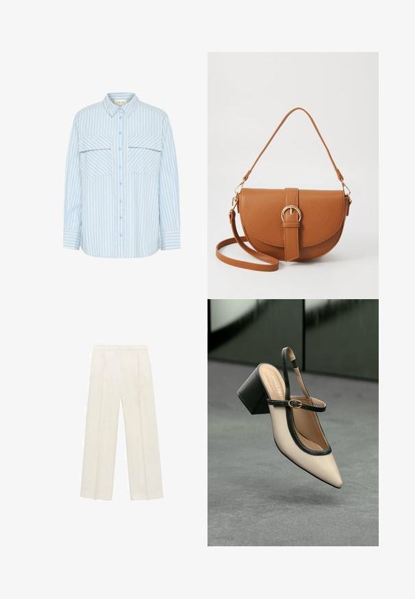 Svetlomodrá a biela pruhovaná košeľa na gombíky s dvoma náprsníkovými vreckami, golierom a dlhými rukávmi s detailmi na manžetách. Hladká textúra látky.; Široké nohavice vo svetlej krémovej farbe. Vyrobené z hladkej látky s skladmi vpredu a bočnými vreckami.; Béžová lodička so špicatou špičkou, s čiernym lemom, zlatou prackou a robustným blokovým podpätkom na šedom podlahe s tmavozeleným pozadím.; Hnedá kožená kabelka cez telo s zakriveným tvarom, zlatými kovovými doplnkami a akcentom s prackou. Obsahuje odnímateľný ramenný popruh.
