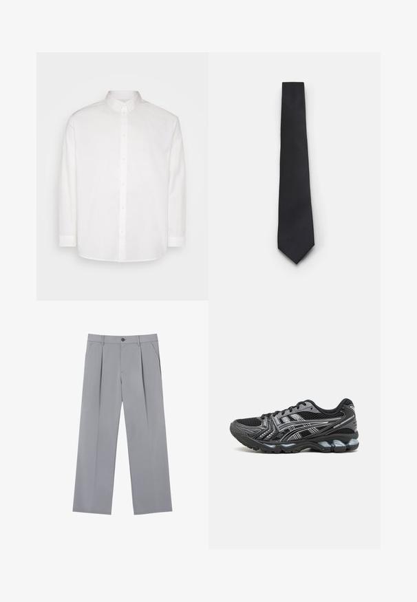 Pier One Overhemd - white; Grijze geplooide broeken met een ontspannen pasvorm, gemaakt van een lichte stof. Voorzien van voorzakken en een knoopsluiting in de taille.; Zwarte sportschoen met een bovenwerk van mesh, zilveren accenten en een gevoerde zool. Beschikt over een vetersluiting en een gestructureerde loopzool voor grip.; Smalle zwarte stropdas met een gestructureerd, diagonaal ribbelpatroon. Beschikt over een spitse punt en een gladde afwerking. Geschikt voor formele kleding.