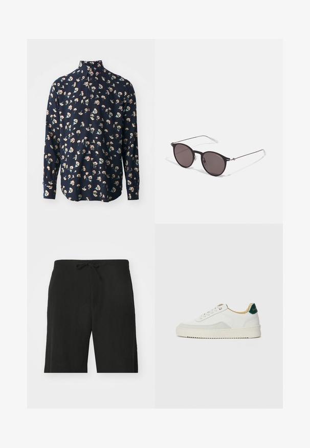 Paul Smith REGULAR FIT SHIRT - Pluus - black; Mustad linasest kangast lühikesed püksid paelaga vööl, millel on mugav lõige ja põlvekõrgune disain. Sile tekstuur, lihtne ja klassikaline stiil.; Valged tennisjalanõud, millel on sametised aktsendid, ümar varvas, lame nöörid ja kreemjas kummine põhja. Hästi nähtav roheline bränding kannal.; Mustad mustad prillid tumedate läätsedega ja õhukeste metallist käepidemetega. Kaarja kujuga seljaosa ja hõbedased aktsendid hingel. Minimalistlik disain.