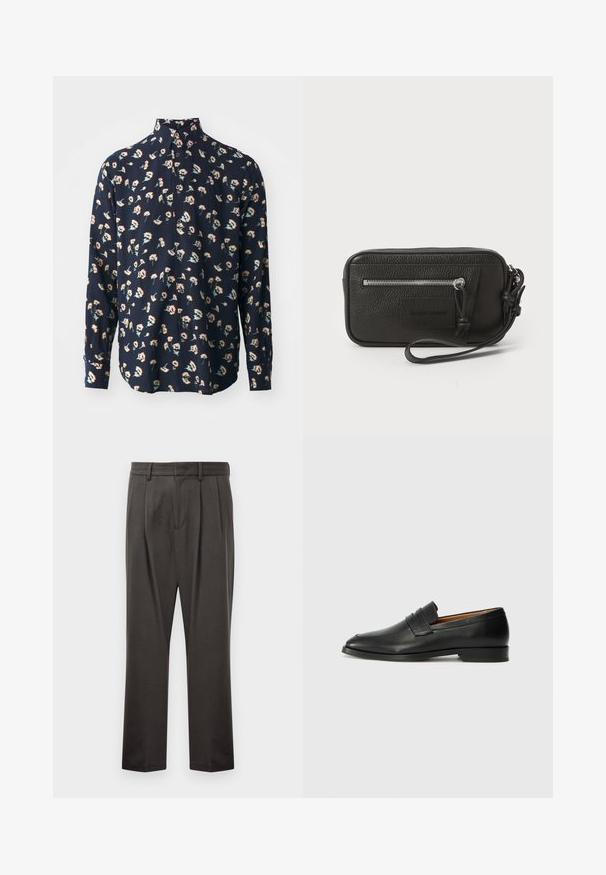 Paul Smith REGULAR FIT SHIRT - Košeľa - black; Tmavo sivé nohavice vyrobené z textúrovanej tkaniny, s plochým predným dielom, prešiami, rovným strihom a pútkami na opasok. Bez viditeľného kovania alebo vzorov.; Čierne kožené mokasíny s okrúhlou špičkou, jemným prešitím a nízkym podpätkom, s hladkou textúrou a minimalistickým dizajnom.; Čierna kožená kabelka s textúrovaným povrchom, predná zipová vrecko a odnímateľný remienok na zápästie. Obsahuje logo nášivku na prednej strane. Obdĺžnikový tvar.