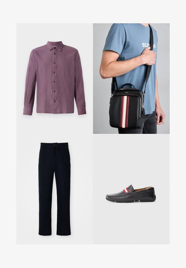 Kerge lilla kangast pika varrukaga särk, mis on varustatud nööbiga esiseguga mustade nuppudega ja klassikalise kraega. Sile tekstuur, sirge lõige.; Tumed sinelased püksid puuvillast, sirge lõikega, eesnupu sulgemisega ning klassikalise vöökohaga, kus on vööaasad.; Mustmust nahk kingad, millel on tekstureeritud pind, punase ja valge triibuga aksent peal, ümar varvas ja kummist talla.; Mustast nahkrist crossbody kott punaste, valgete ja beežide vertikaalsete triipudega. Omab ülemist sangast ja reguleeritavat rihma. Nähtav lukuga sulgemine.