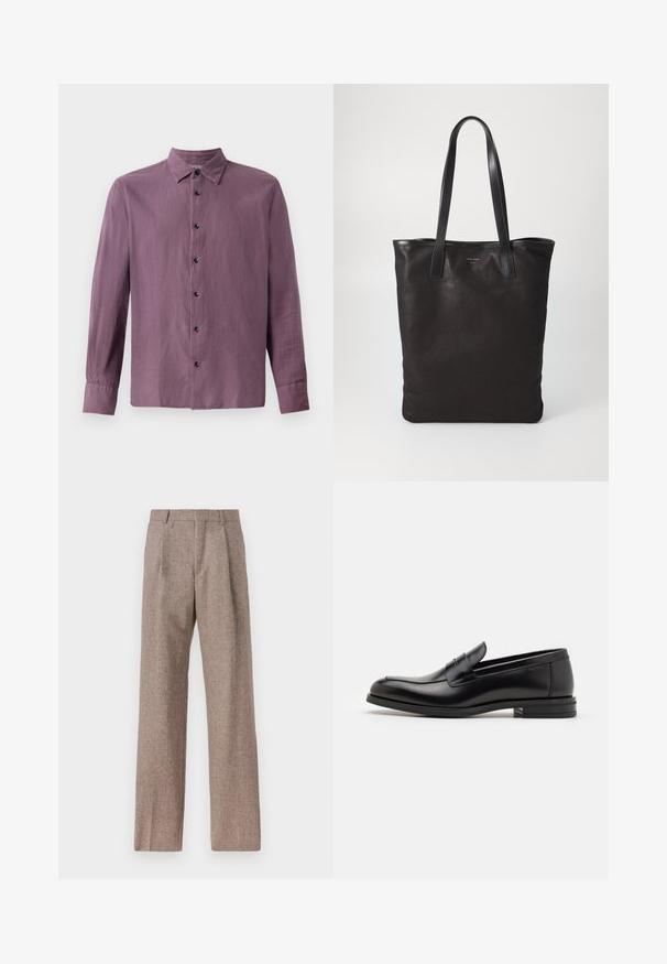 Langsleeve shirt in lichtpaarse stof, met een knoopsluiting aan de voorkant met zwarte knopen en een klassieke kraag. Gladde textuur, rechte snit.; Bruine, hooggewaisted broeken van een gestructureerde stof. Heeft wijde benen en twee voorplooien voor extra structuur. Net afgewerkt zonder zichtbare hardware.; Zwarte leren instappers met een gladde textuur, ronde neus en een decoratieve band over de wreef. Lage, gestapelde hak en minimalistisch ontwerp.; Zwarte canvas schoudertas met zwarte leren handvaten. Eenvoudig ontwerp, ruime body en een gladde textuur. Geen zichtbare logo's of patronen.