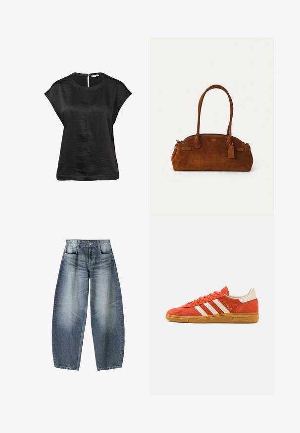 Schwarzes kurzärmliges Oberteil mit rundem Halsausschnitt, texturierter Stoff und einem Schlüsselloch-Detail im Rücken. Mit geradem Saum und minimaler Nahtverarbeitung.; Weite Jeans aus hellblauem Denim mit Ausbleichungen, im fünf-Taschen-Design, mit Knopfverschluss und minimalen Nähtelementen.; Oranges Wildleder-Sneaker mit weißen Lederakzenten, ausgestattet mit drei weißen Streifen und einer Sohle aus Gummi. "Spezial"-Logo auf der Zunge.; Braune Wildleder-Handtasche mit zwei runden Griffen, goldfarbener Hardware, einem kleinen Anhänger und einem glatten Reißverschlussverschluss. Verfügt über subtile gestickte Akzente.; Quadratische Cluse-Uhr mit weißem Zifferblatt, goldenen und silbernen Akzenten sowie einem Bicolor-Armband mit wechselnden goldenen und silbernen Gliedern.