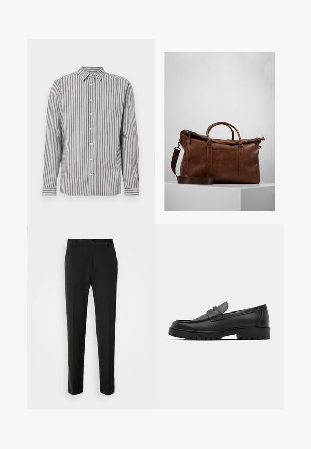Moška srajca z dolgimi rokavi v svetlo bež barvi z navpičnimi mornarsko modrimi črtami. Ima koničast ovratnik in bele gumbe spredaj.; Črne hlače iz gladkega materiala, s straight nogavicami, z gumbom za zapiranje in klasičnim dizajnom, primerne za formalne ali sproščene priložnosti.; Črne usnjene loafers čevlje z zaobljenim nosom, ki imajo šivano zasnovo, nizko platformo in teksturiran, profiliran gumijast podplat.; Brahna usnjena potovalna torba z zadrgo, dvojno ročajema, nastavljivim naramnim trakom in vidnimi teksturami na površini.