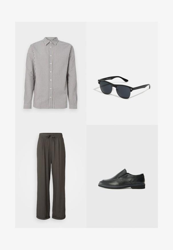 Camicia a maniche lunghe da uomo in beige chiaro con strisce verticali blu navy. Presenta un colletto a punta e bottoni bianchi lungo il davanti.; Pantaloni a gamba larga grigio scuro con vita regolabile, realizzati in un morbido tessuto testurizzato, con risvolti alle caviglie.; Scarpa nera in pelle con inserto scivolare, superiore liscio, dettagli cuciti, punta arrotondata e tacco in gomma basso. La suola presenta un battistrada minimale.; Occhiali da sole neri con forma rettangolare, lenti scure, dettagli in argento alle tempie e finitura opaca sulla montatura.