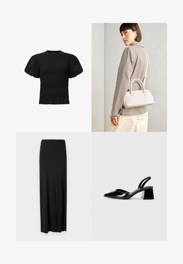 AllSaints DAEL - Blūze - black; Melnā maxi svārki ir izgatavoti no mīksta, elastīga materiāla. Iedarbība ir sānu šķiršanās un vienkāršs, plūstošs dizains bez rotājumiem.; Melna lakota āda ar atvērto papēdi, ar smailu purngalu un ģeometrisku blokpapēdi. Iezīmējas elegants, minimāls dizains un gluda tekstūra.; Balta strukturēta roku soma ar īsām rokturiem un plecu siksnu, ar zelta aparatūras akcentiem un strukturētu materiālu, izstādīta uz pelēka fona.