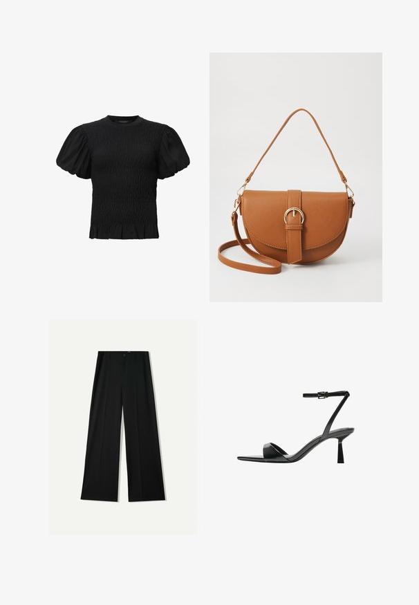 AllSaints DAEL - Blůza - black; Bershka WIDE - Kalhoty - black; Bershka Sandály na vysokém podpatku - black; Hnědá kožená křížová taška s zakřiveným tvarem, zlatými detaily a akcentem s přezkou. Obsahuje odnímatelný popruh na rameno.