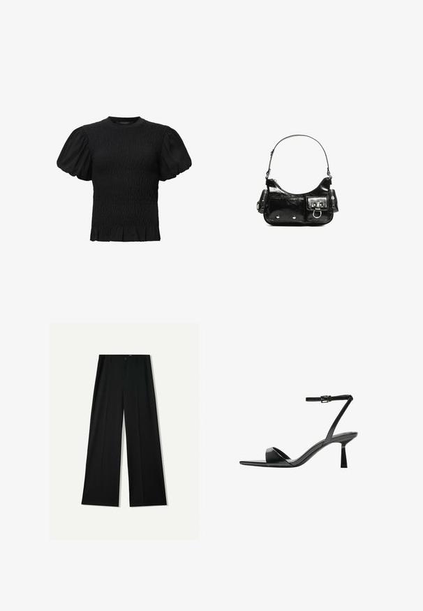 AllSaints DAEL - Pusero - black; Bershka WIDE - Housut - black; Bershka Korolliset sandaalit - black; Mustekko mustasta kiiltonahasta valmistettu käsilaukku, jossa on kaareva muoto, yksi olkahihna, etutaskut ja hopeanväriset yksityiskohdat.