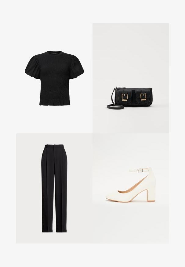 AllSaints DAEL - Blusa - black; Calças pretas ajustadas com uma cintura alta, apresentando pregas na frente, um design de perna reta e bainha com punho. Feitas de tecido suave.; Sandalha branca de salto alto com ponta afiada, salto bloco e tira no tornozelo. Acabamento suave com um brilho subtil e forro bege.; Bolsa de ombro em couro preto com dois bolsos frontais, fivelas douradas, fecho de zíper e uma alça fina. Superfície texturizada e forma retangular compacta.