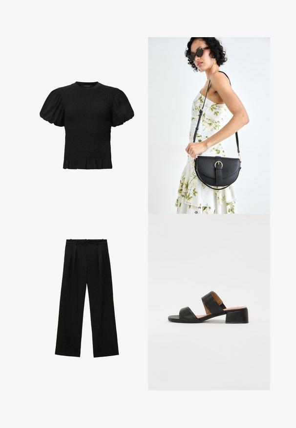 AllSaints DAEL - Blůza - black; Černé široké kalhoty s plisováním, s hladkou texturou a vysokým pasem. Minimalistický styl, žádné viditelné kovové prvky nebo ozdoby.; Černé kožené sandály s dvěma širokými pásky přes nohu, čtveratou špičkou a nízkým blokovým podpatkem. Hladký povrch a minimalistický design.; Černá kožená kabelka s křivkovým tvarem, odnímatelným popruhem a zlatými detaily. Kabelka má klopu s přezkou.