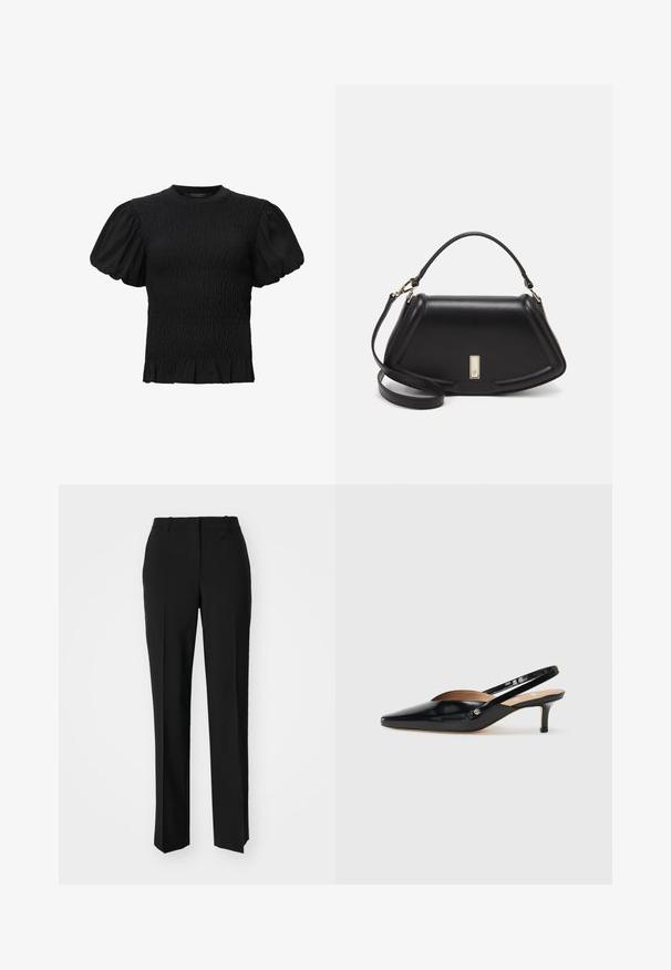 AllSaints DAEL - Bluse - black; Sorte skræddersyede bukser med lige ben-design, der har en glat tekstur og skarpe folder langs fronten. Ingen synlige hardware.; Sorte patentlæder slingback pumper med spidse tæer, lille hæl og et udsnit design på vamsen. Guldfarvet hardware accent på siden.; Sort læderhåndtaske med en struktureret design, der har en kortet form, tophåndtag og guld hardware-accenter. Justerbar skulderrem inkluderet.