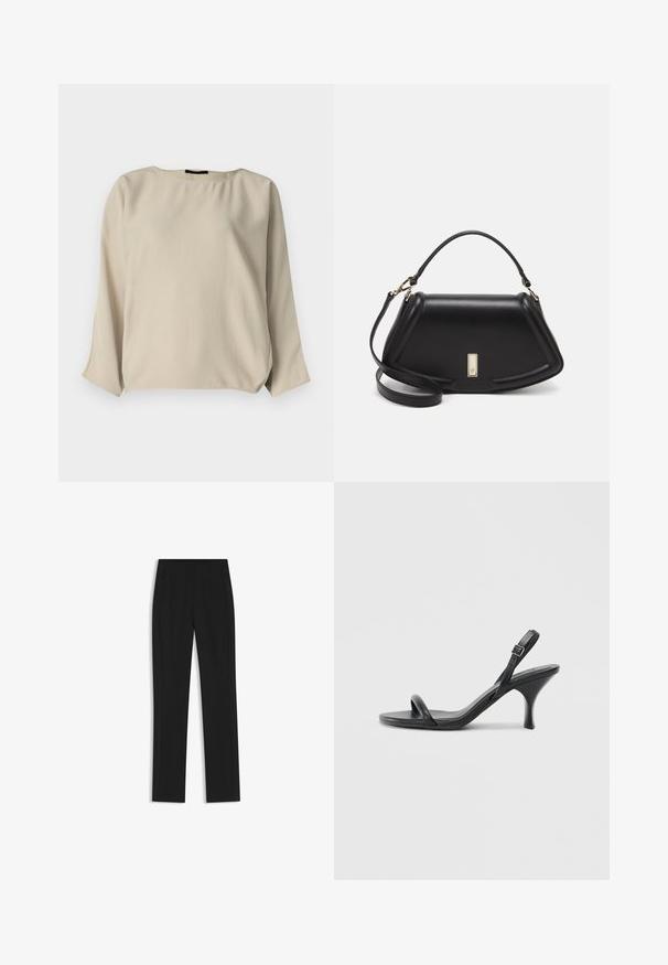 Light beige long-sleeve blouse with a round neckline, relaxed fit, and slightly gathered side detailing. Smooth fabric with a soft texture.; Black tailored trousers with a straight-leg design, featuring front pockets and a smooth, textured fabric. Neat, minimal detailing.; Black leather high-heeled sandals with a slim, curved heel and a crossed strap design. Adjustable ankle strap. Smooth texture.; Black leather handbag with a structured design, featuring a cropped shape, top handle, and gold hardware accent. Adjustable shoulder strap included.