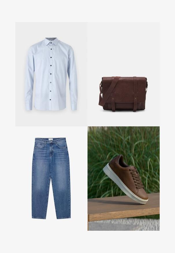 Hele sinine pikkade varrukatega särk, millel on nööbiga krae, mustad nööbid ja mustriga sisekrae. Sujuv tekstuur, kohandatud sobivus.; Sinine denimpüksid kõrge vöökoht, sirge jala disain ja kulunud viimistlus. Omab viit taskut ja nööbikinnitust.; Pruun nahast tenniseking valge kummist tallaga, ümar varvas ja pruunid laced. Talla tekstuuriline haardepind ja ülemise sile pind.; Pruunist nahast sõnumiekot, millel on lame eesmine klapp, kaks rihma, kullatud detailid ja reguleeritav õlarihm.