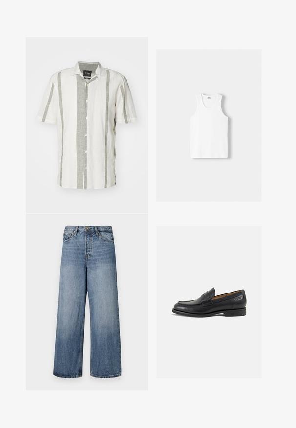 Korte mouwen button-up shirt in het wit met lichtgrijze verticale strepen. Gemaakt van linnen, met een klassieke kraag en vijf knopen aan de voorkant.; Witte katoenen tanktop met een ronde halslijn, brede schouderbanden en een rechte zoom, met een gladde textuur en zonder zichtbare patronen.; Wijde blauwe denim jeans met een vervaagde was, vijf zakken en een knoopsluiting. Voorzien van riemlussen en gestikte details.; Zwarte leren loafers met een gladde afwerking, ronde neus en decoratieve stiksels op de wreef. Lage gestapelde hak en een lichte glans.