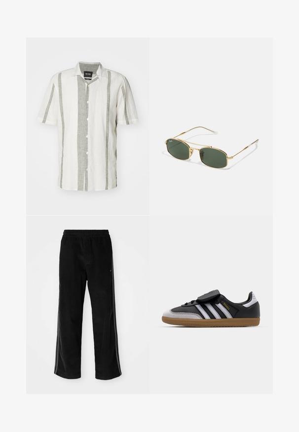 Cămașă cu mânecă scurtă, albă, cu dungi verticale în gri deschis. Fabricată din in, cu guler clasic și cinci butoane pe față.; Pantaloni din corduroy negri cu o croială lejeră, având un elastic la talie și dungi laterale. Textură netedă cu detalii de nervuri verticale.; Tenisi din piele neagră și suede gri, cu dungi albe, talpă din cauciuc caramel, șireturi la față și curea Velcro. Prezintă branding-ul "Samba" în aur.; Ochelari de soare din metal aurit cu lentile verzi, având o formă unghiulară și brațe subțiri. Designul include un cadru subțire și o marcaj discret pe lentilă.