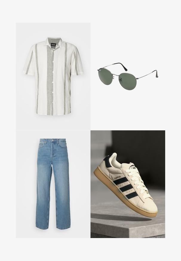 Chemise à manches courtes à boutons, blanche avec des rayures verticales gris clair. Fabriquée en lin, avec un col classique et cinq boutons sur le devant.; Jeans en denim léger bleu clair taille haute avec des jambes droites, fermeture à bouton à l'avant et style à cinq poches sur fond uni.; Baskets en daim beige avec trois rayures bleu foncé, lacets blancs et semelle en caoutchouc beige. Présente un logo sur la languette et le texte "CAMPUS".; Lunettes de soleil en métal avec des verres ovales verts. Monture en métal argenté mince et embouts d'oreille noirs. Design minimaliste, sans logos visibles.