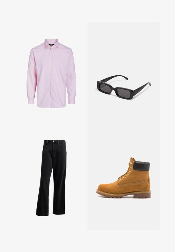 Világos rózsaszín, hosszú ujjú gombos ing, amely pamutból készült. Klasszikus gallérral, elülső gombokkal és sima textúrával rendelkezik. Egyszerű dizájn.; Szürke, hosszú ujjú henley póló bordás anyagból, három gombos nyakkivágással és enyhén testhez simuló fazonnal.; Fekete farmer jeans egyenes szárú fazonnal, elülső zsebekkel, gombos záródással és enyhe textúrával. Diszkrét logódísz is található rajta.; Barna velúr bokacipő fekete párnázott gallérral, arany fém fűzőlyukakkal, fehér varrási részletekkel és durva gumitalppal, amelynek kifejezett barázdái vannak.; Fekete, téglalap alakú napszemüveg sötét lencsékkel, fényes felülettel, széles szárakkal és masszív keret designnal. Az egyik szárra gravírozott márkanevével.; Fekete bőr keresztbody táska hajtóka, két ezüst csattal, sárga varrással és állítható pánttal. Simább textúrával és kompakt formatervezéssel rendelkezik.