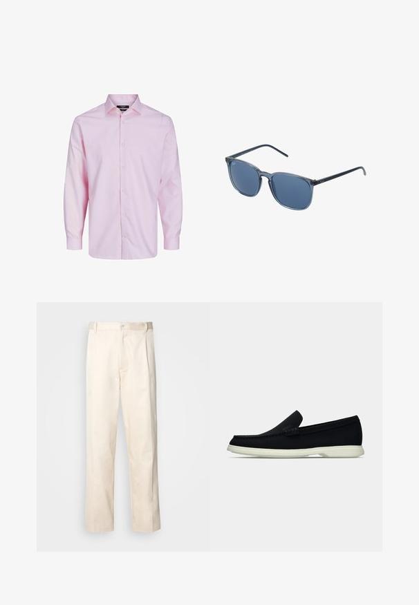 Camisa de botones de manga larga en rosa claro hecha de algodón. Presenta un cuello clásico, botones frontales y una textura suave. Diseño sencillo.; Pantalones de algodón beige con corte recto, que cuentan con un cierre de botón y pliegues en la parte frontal para un detalle adicional.; Zapato negro sin cordones con puntera redondeada, que presenta una parte superior texturizada, suela blanca lisa y un discreto detalle de marca en el lateral.; Gafas de sol rectangulares azules con lentes ahumados grises, montura de plástico, acentos metálicos y un acabado mate en las patillas.