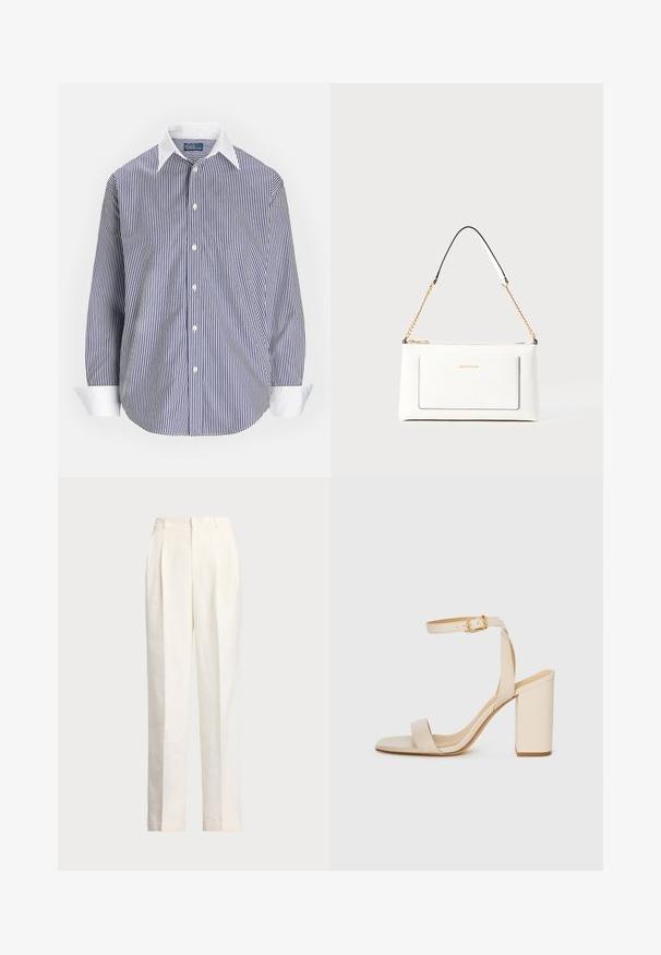 Camisa de botões riscada em azul e branco com colarinho clássico, mangas longas e punhos brancos; tecido de algodão com textura lisa.; Polo Ralph Lauren HEMP WIDE LEG PANT - Calças - nevis; Sandalha de salto alto bege com bico quadrado, tira fina no tornozelo e salto bloco. Textura de couro suave com detalhe de fivela dourada.; Bolsa de mão branca em couro com acabamento texturizado, featuring a corrente dourada e detalhes pretos. Inclui um bolso frontal e fecho com zipper.