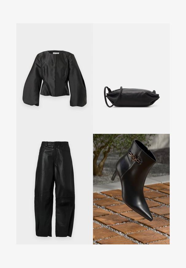 Jachetă scurtă din satin negru, cu decolteu rotund, corp structurat și mâneci largi, voluminoase; prezintă detalii cu cusături centrale.; Pantaloni din piele neagră, cu o croială lejeră, având un design drept, buzunare frontale și detalii de cusătură vizibile.; Botine negre din piele, cu vârf ascuțit și tocul mic. Prezintă un accent din lanț auriu la gleznă. Încadrate de o suprafață texturată din piatră.; Geantă de mână din piele neagră, cu o formă rectanguală, textură netedă, curea subțire pentru umăr și design minimalist.