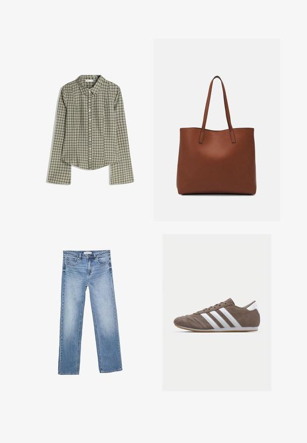 Camicia a maniche lunghe a quadri verde e bianco con colletto, chiusura frontale con bottoni e orlo leggermente curvo. Realizzata in tessuto leggero con una finitura texturizzata.; Jeans in denim blu a gamba dritta, con un lavaggio sbiadito, cinque tasche e una chiusura a bottone classica. Materiale in cotone con cuciture ben visibili.; Scarpa sportiva in suede marrone con strisce bianche, punta tonda, design con lacci e suola in gomma. Parte superiore testurizzata con dettagli cuciti.; Borsa tote in pelle marrone con texture liscia, design con apertura superiore e due spallacci. Presenta cuciture minime e nessun hardware visibile.