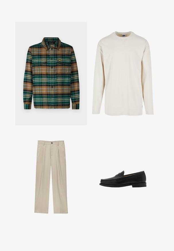 Camicia di flanella a quadri verde, marrone e nera con abbottonatura frontale, due tasche sul petto e un piccolo logo ricamato sulla tasca sinistra.; T-shirt a maniche lunghe di colore crema, realizzato in morbido cotone, con scollatura rotonda e spacchi laterali per un maggiore comfort. Design minimalista, tessuto semplice.; Pantaloni beige a taglio dritto, con un solo bottone nero, passanti per la cintura e tasche laterali. Tessuto dalla texture liscia e design minimale.; Mango Mocassini eleganti - black