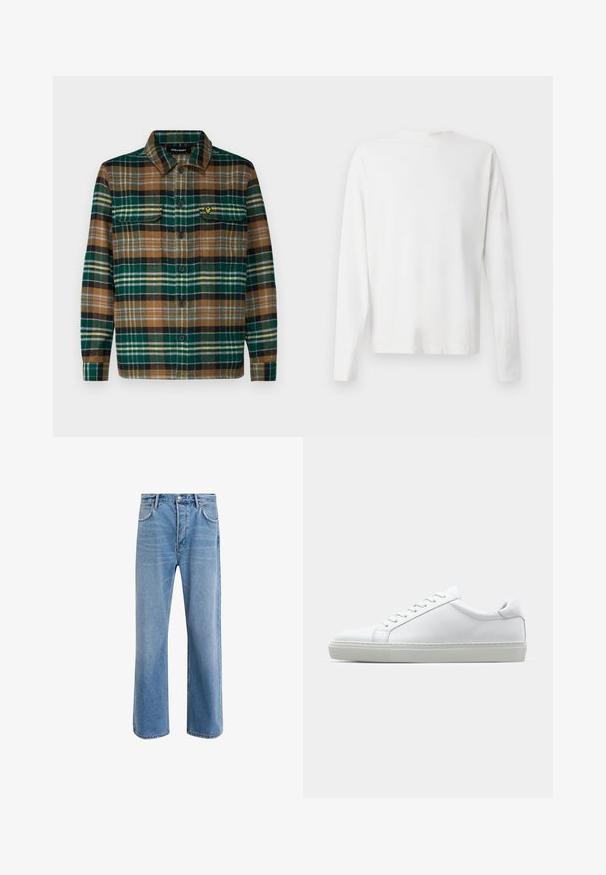 Rutete flanellskjorte i grønn, brun og svart med knappestolpe foran, to brystlommer og en liten brodert logo på venstre lomme.; Langermet hvit bomullsskjorte med rund hals, sidespalter nederst og en jevn tekstur, vist fra baksiden.; Lys blå denimjeans med rett ben-design, fem lommer, knappeåpning, minimal falming og kontrasterende sømdetaljer.; Hvit sneakers med en glatt skinnoverdel og lav profil. Har en rund tå, seks snøring hull, og en teksturert gummisåle.