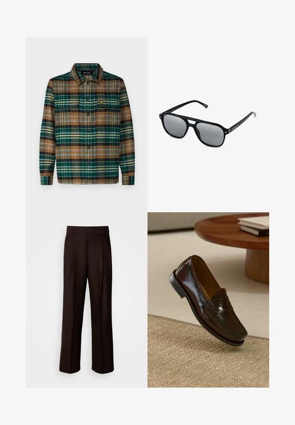 Geruite flanellen overhemd in groen, bruin en zwart met een knoopsluiting aan de voorkant, twee borstzakken en een klein geborduurd logo op de linker zak.; Bruine op maat gemaakte broeken met een recht design, voorzien van een voorplooien, een gladde textuur en een klassieke tailleband. Geschikt voor formele gelegenheden.; Bruine leren instappers met een glanzende afwerking, voorzien van een gestikt detail aan de voorkant en een low-profile zwarte rubberen zool.; Zwarte zonnebril met rechthoekige montuur, grijs getinte glazen en een uitgesneden ontwerp bij de neusbrug. Strak, glanzend kunststof materiaal met smalle veren.