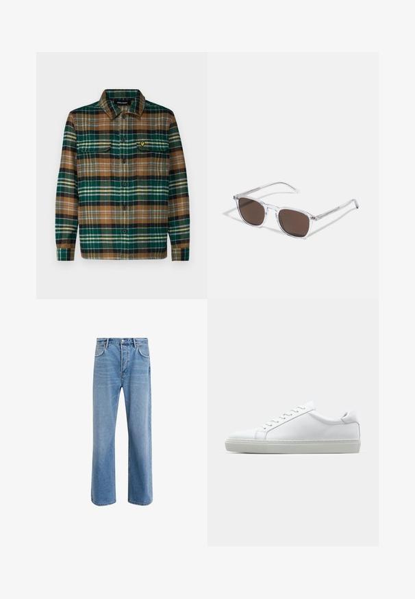 Camicia di flanella a quadri verde, marrone e nera con abbottonatura frontale, due tasche sul petto e un piccolo logo ricamato sulla tasca sinistra.; Jeans in denim blu chiaro con design a gamba dritta, cinque tasche, chiusura con bottone, leggero sbiadimento e dettagli di cucitura a contrasto.; Sneaker bianco con tomaia in pelle liscia e profilo basso. Presenta una punta arrotondata, sei occhielli e una suola in gomma testurizzata.; Occhiali da sole trasparenti in plastica con lenti rettangolari marroni, dotati di sottili aste trasparenti e dettagli in metallo sulle tempie.