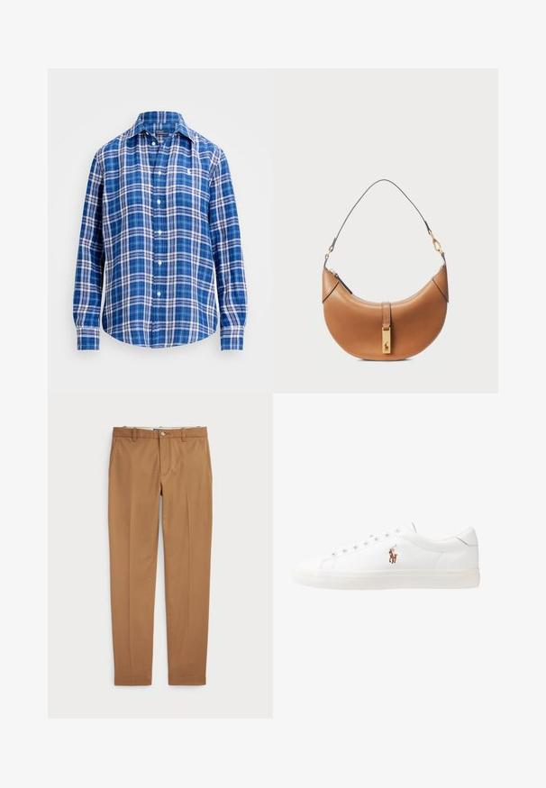 Polo Ralph Lauren RELAXED FIT LINEN SHIRT - Blusa - blue/navy white; Pantalones de algodón marrón con un diseño ajustado, parte delantera plana y bolsillos estándar; textura suave y puños dobladillos.; Zapatillas de cuero blancas, diseño de corte bajo, con una textura suave, puntera redonda, cordones en la parte delantera y un pequeño logo bordado en el lateral.; Bolso de cuero color tan con forma curva, hardware dorado y una correa delgada para el hombro. Presenta un cierre de cremallera y un detalle del logo en la parte frontal.