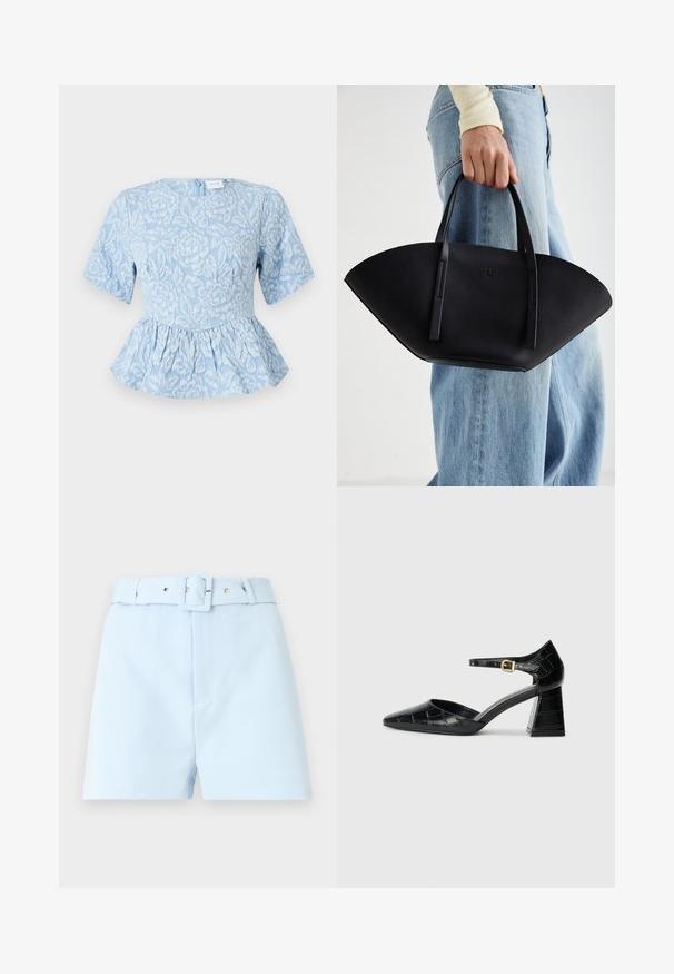 Lys blå peplum topp med korte ermer, teksturert blomsterbroderi, rund hals og skjult glidelås bak.; Lyseblå shorts med belte i midjen, har firkantet spenne og metallhardware. Glatt stoff, skreddersydd snitt og plisserte detaljer foran.; Svart lakkert høye hæler med spiss tupp, ankelstropp og teksturert krokodilleskinn-mønster. Design med firkantet blokkhæl.; Svart skinnveske med en unik vifteform, med flate håndtak. Overflaten har en pebblelignende tekstur og et minimalistisk design.