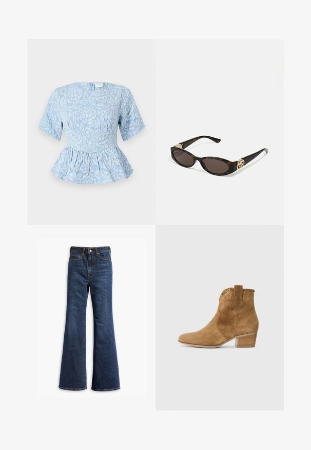 Világoskék peplum felső rövid ujjakkal, textúrált virágmotívummal, kerek nyakkivágással és rejtett hátsó cipzárral.; Magas derekú sötétkék farmernadrág, harang alakú lábakkal, elülső gombos és cipzáros zárással, valamint öt zsebes kialakítással.; Barna velúr bokacsizma hegyes orral, textúrált díszítéssel a nyakon és tömbsarkal. Húzófüllel a könnyű felhúzás érdekében.; Tortából készült napszemüveg, hosszúkás ovális lencsékkel, barna színű árnyalattal, arany logóval a fülkagylón, és karcsú fekete szárakkal.; Barna műsuede bevásárlótáska, két erős fogantyúval, strukturált formával és minimalista dizájnnal, finom varrási díszítéssel.