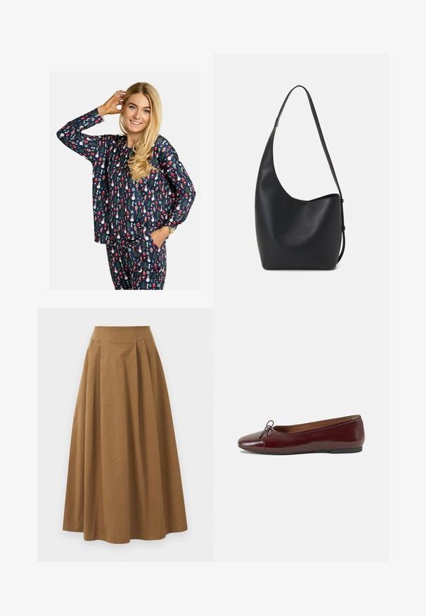 Navy pajama set featuring a festive pattern of snowmen, Christmas trees, and gifts. Made of soft fabric, with long sleeves and relaxed fit.; Brown cotton A-line skirt with a high waist, featuring pleats down the front and a smooth texture. Hem finishes are clean and simple.; Burgundy patent leather ballet flat with a rounded toe, small bow accent at the front, and a low, black rubber sole. Smooth texture.; Black leather hobo bag with a smooth texture, curved shape, and single adjustable strap; features a wide opening at the top.