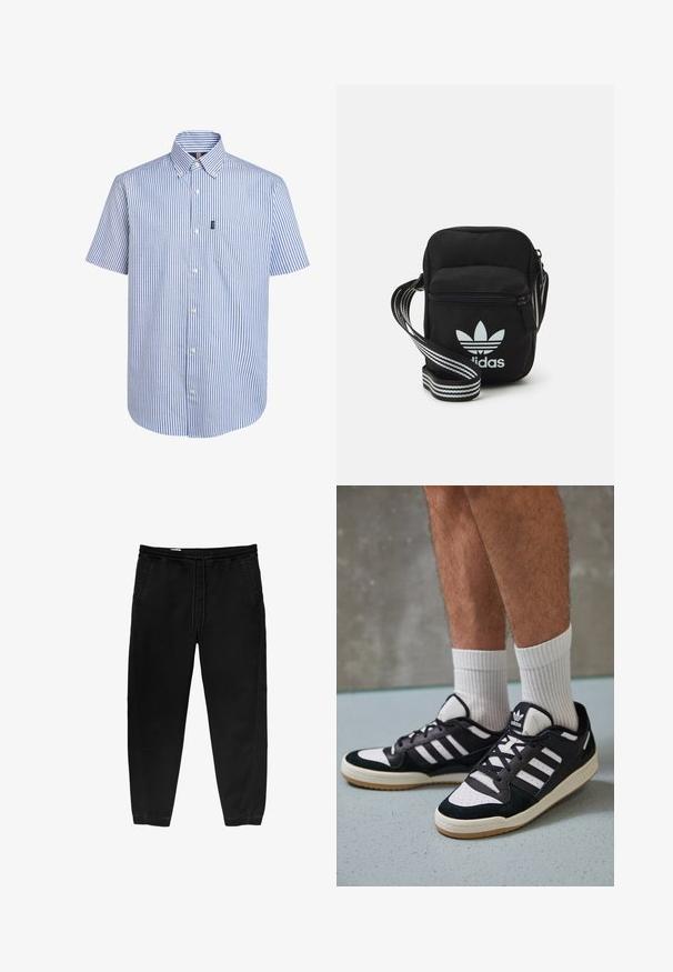 Next EASY IRON BUTTON DOWN OXFORD - Overhemd - blue stripe; Zwarte elastische taillebandbroeken met een trekkoord, taps toelopende benen, zijzakken en subtiele stiksels aan de zijkanten. Zachte katoenachtige stof.; Zwart-witte sneakers met een bovenwerk van suede en leer, voorzien van drie witte strepen, een geperforeerde neus en een rubberen gumzool.; Zwarte stoffen schoudertas met een ritssluiting, voorzien van een wit Adidas-logo en een gestreepte, verstelbare schouderband voor gemakkelijk dragen.