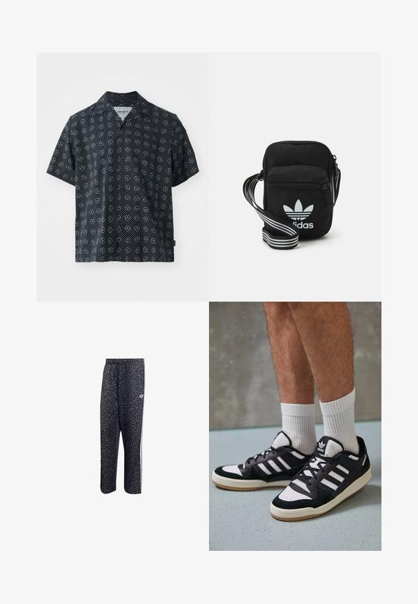 Korte mouw shirt van zwarte stof met witte stippen en hartpatronen. Ingekorte kraag; ontspannen pasvorm; lichte textuur.; Zwarte sportbroek met een luipaardpatroon, voorzien van een witte drie-strepenontwerp en een logo van een sportmerk aan de zijkant.; Zwart-witte sneakers met een bovenwerk van suede en leer, voorzien van drie witte strepen, een geperforeerde neus en een rubberen gumzool.; Zwarte stoffen schoudertas met een ritssluiting, voorzien van een wit Adidas-logo en een gestreepte, verstelbare schouderband voor gemakkelijk dragen.