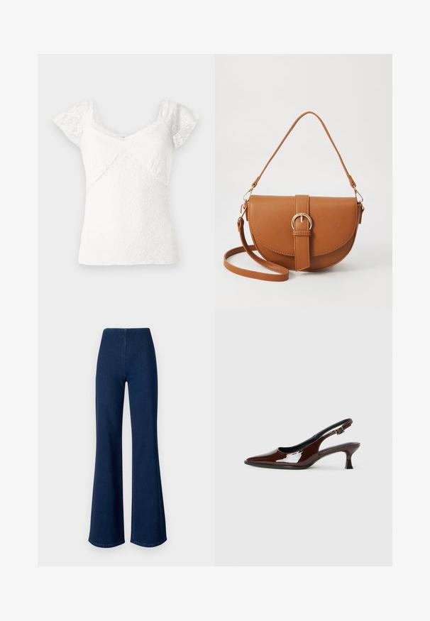 White lace top with short cap sleeves, featuring a V-neckline and a textured floral pattern throughout. Smooth fabric with scalloped edges.; Dark blue flared jeans made of denim with an elastic waistband. Features a smooth texture and wide leg design extending to the hem.; Brown patent leather slingback shoe with a pointed toe and a moderate heel. Features a buckle strap for secure fit. Smooth texture.; Brown leather crossbody bag with a curved shape, gold hardware, and a buckle accent. Features a detachable shoulder strap.