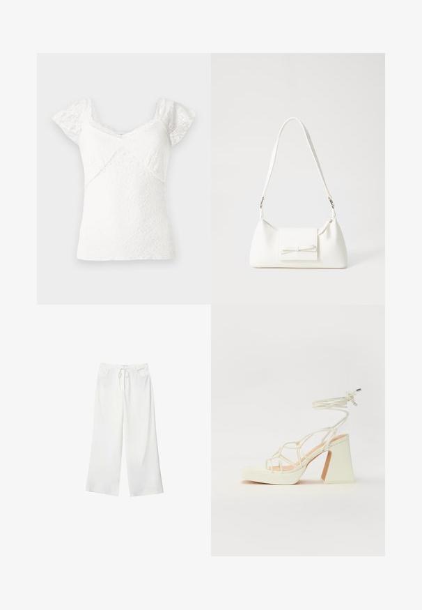 Weißes Spitzenoberteil mit kurzen angeschnittenen Ärmeln, V-Ausschnitt und einem strukturierten Blumenmuster. Glatter Stoff mit gewellten Kanten.; Weiße, weite Hosen aus weichem Stoff, mit einem Kordelzug in der Taille und zwei vorderen Taschen. Glatte Textur und keine sichtbaren Muster.; Weiße High-Heel-Sandale mit einem klobigen Absatz, die über ein Riemchendesign und ein Knöchelband verfügt. Glatte Textur mit einer Plattform vorne für zusätzliche Höhe.; Weiße synthetische Handtasche in dreieckiger Form, flache Vorderklappe und Schleifendetail, verstellbarer Trageriemen, glatte Textur und minimalistisches Design.