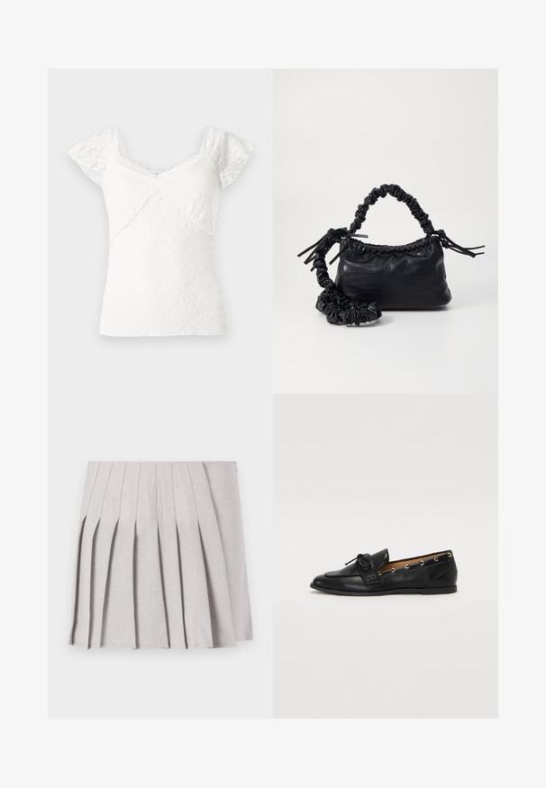 Fehér csipke felső rövid, kapucnis ujjal, V-kivágással és texturált virágmintával az egész felsőn. Simaság jellemzi, fodros szélekkel.; Szürke pliszírozott szoknya sima textúrával, több függőleges redővel és testre simuló derékkal. Könnyű anyagból készült.; Fekete bőr lófarok cipők, megkötött masnival, arany szemcsés díszítéssel az oldalán és lapos gumitalppal. Simaság, klasszikus dizájn.; Fekete műbőr kézi táska krokodil bőr textúrával, összehúzható tetejű és gyűrt pánttal. Lágy és kompakt dizájnúnak tűnik.