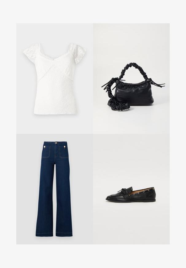 White lace top with short cap sleeves, featuring a V-neckline and a textured floral pattern throughout. Smooth fabric with scalloped edges.; Dark blue wide-leg jeans with high waist, gold button accents, two front and back pockets, and contrasting stitch details. Textured denim fabric.; Black leather loafers with a tied bow, featuring gold eyelet accents along the sides and a flat rubber sole. Smooth texture, classic design.; Black faux leather handbag with a crocodile texture, cinched top, and a scrunched strap. Appears soft and compact in design.