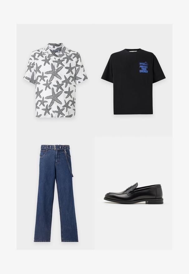 Krátký rukáv košile z bílé látky s černými vzory mořských hvězdic. Zapínání na knoflíky a límec. Lehký len.; Černé bavlněné tričko s krátkým rukávem, na kterém je modrý text "CHRÁNĚTE SVOU ENERGII" a grafický design na horní levé straně.; Tmavě modré džínové kalhoty se střihem rovné nohy, zdobené vzorovaným opaskem s kovovými průvleky a odpovídajícím poutkem na opasek.; Černé kožené polobotky s hladkou texturou, zaoblenou špičkou a zdobným páskem přes nárt. Nízký stohovaný podpatek, minimalistický design.
