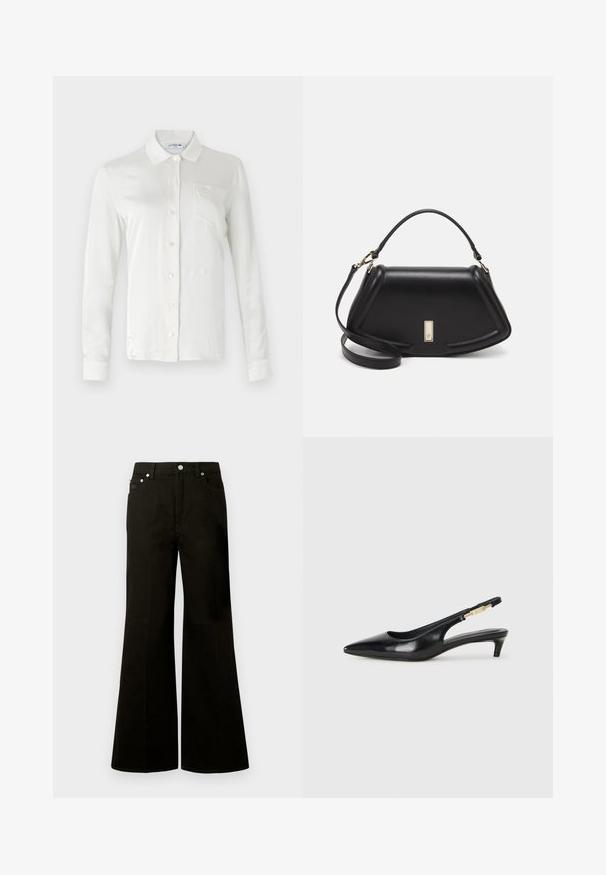 Lacoste Button-down blouse - lapland; Black high-waist wide-leg jeans with front button and zipper, belt loops, and five pockets including a small coin pocket.; Black leather slingback heels with a pointed toe, featuring a slim heel and a gold-tone accent on the adjustable strap. Smooth texture.; Black leather handbag with a structured design, featuring a cropped shape, top handle, and gold hardware accent. Adjustable shoulder strap included.