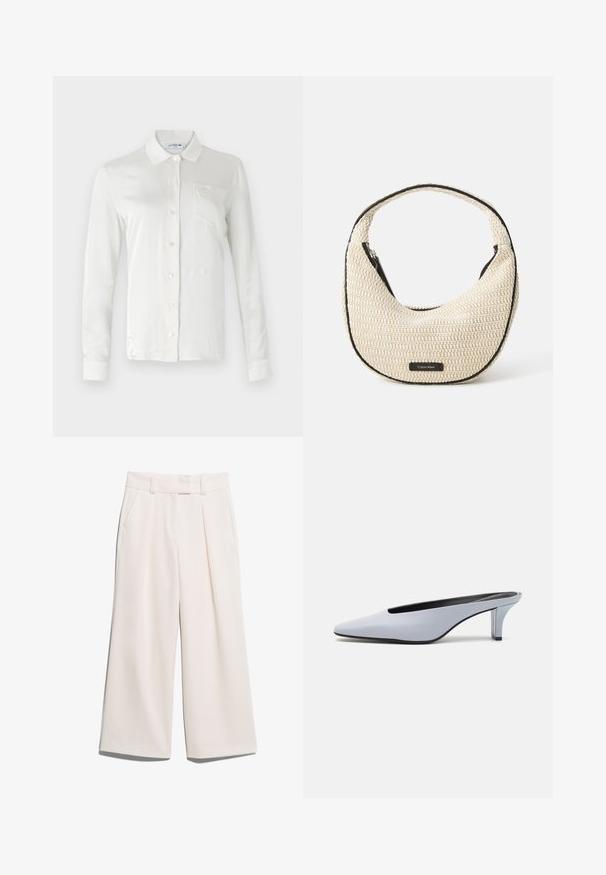 Lacoste Skjorte - lapland; Videbukser i en lys kremfarge, laget av glatt stoff med to frontlommer og synlig søm på livserien.; Lys blå patentlær mule med spiss tå, lav gjennomsiktig hæl og en elegant design med utskjæring på vampen.; Beige vevd skulderveske med en buet form og svart kant. Har glidelås på toppen og et logomerke foran.