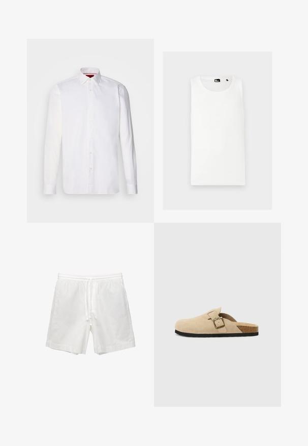 Hvid langærmet skjorte lavet af bomuld, med en klassisk krave, frontplacket med knapper og en glat tekstur. Rød detalje på den indre krave.; Hvid tanktop lavet af ribbet materiale, med rund hals og uden ærmer, samt et lille brandlogo foran.; Hvide bomuldsbukser med elastisk talje og snøre, sidelommer og lige snit med færdige kanter.; Beige ruskinds-sandaler med korkfodseng, rund tå og en enkel rem med en guldfarvet spænde. Gummisål for godt greb.
