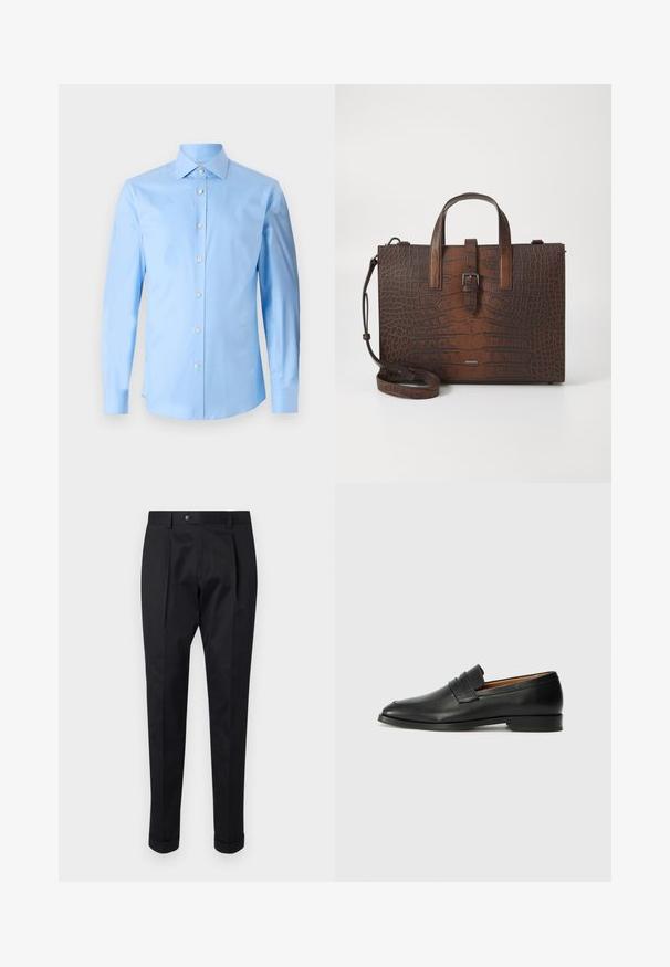 Tiger of Sweden ADLEY - Ing - summer sky; Fekete nadrág sima anyagból, elöl hajtással, gombos záródással és felgöngyölt szárakkal a bokánál.; Fekete bőr mokaszin, kerek orral, diszkrét varrásokkal és alacsony sarokkal, sima felülettel és minimalista dizájnnal.; Barna krokodilbőr hatású bőr kézitáska tetejére erősített füllel és levehető vállpánttal. Csattal záródik, és téglalap alakú.